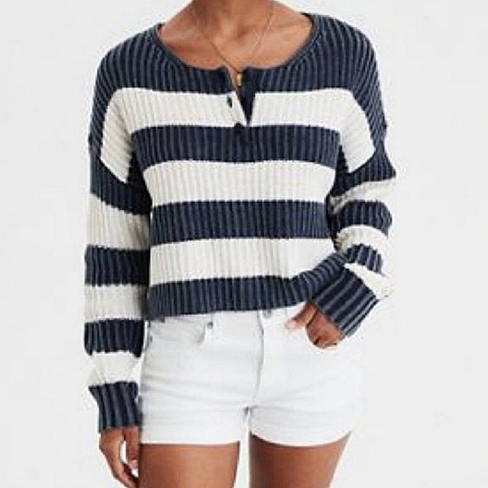 American Eagle Oversized Cropped Blue White Striped Chunky Knit Sweater XS